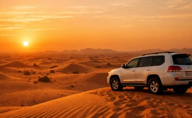 Evening desert safari in Dubai during sunset on red dunes