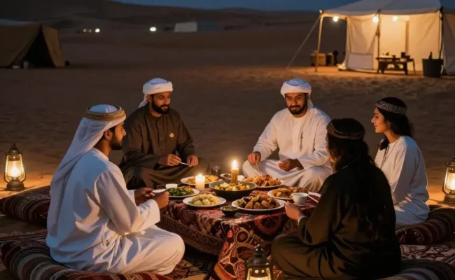 Overnight desert safari dinner setup in camp