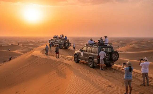 Sunset view during desert safari tour in the dunes
