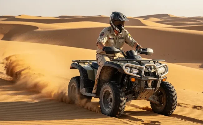 Quad biking across desert sand dunes during an adventure safari