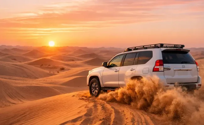 4x4 dune bashing vehicle driving through desert dunes at sunrise in Dubai