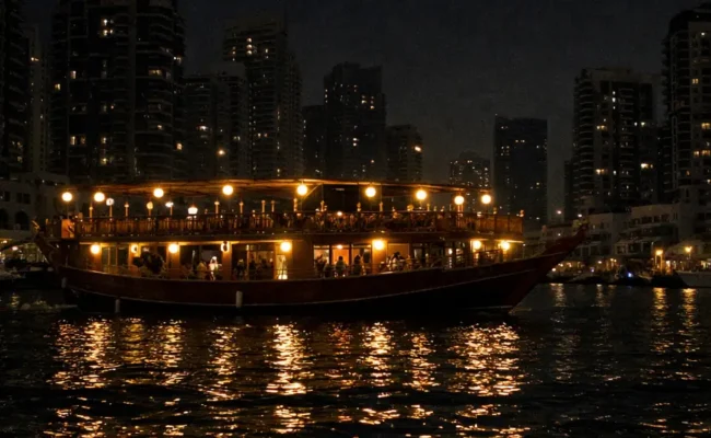 Dhow cruise dinner boat sailing through Dubai Marina at night
