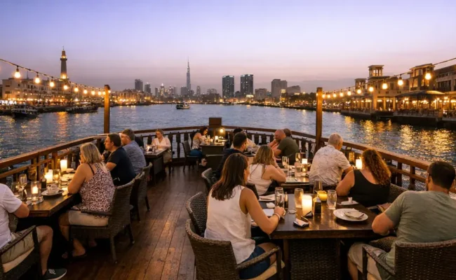 Open-air upper deck seating on dhow cruise dinner at Dubai Creek