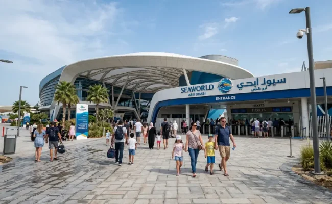 SeaWorld Abu Dhabi entrance view from Dubai tour