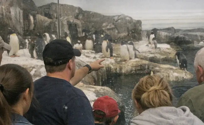 Visitors watching penguins at Dubai Aquarium and Penguin Encounter