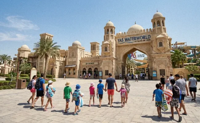 Yas Waterworld Abu Dhabi entrance view from Dubai tour